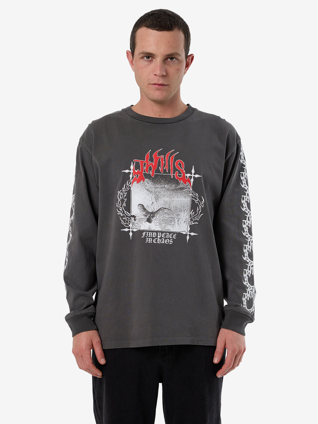 Thrills Peaceful Chaos Oversize Fit Long Sleeve Tee - Merch Black in Merch Black