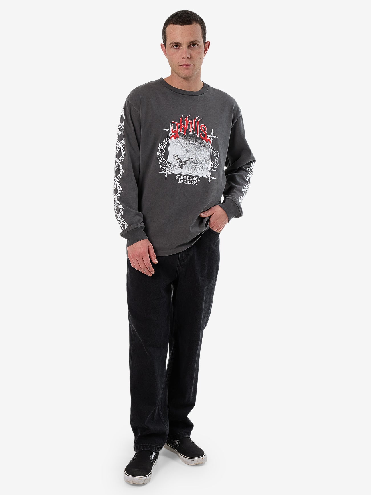 Thrills Peaceful Chaos Oversize Fit Long Sleeve Tee - Merch Black in Merch Black
