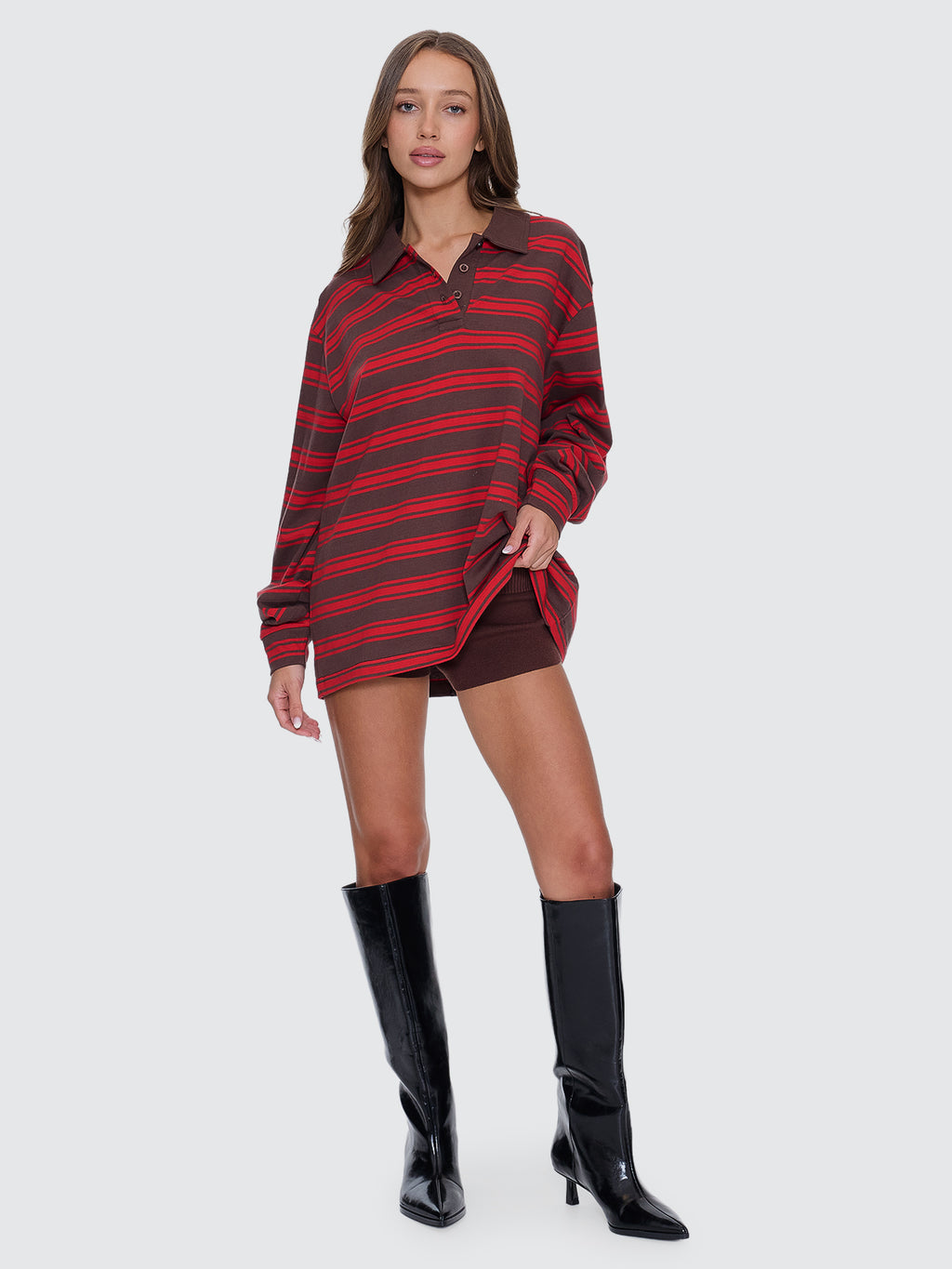 Thrills Co Conditions Apply Stripe Long Sleeve Polo - Bitter Chocolate in Bitter Chocolate
