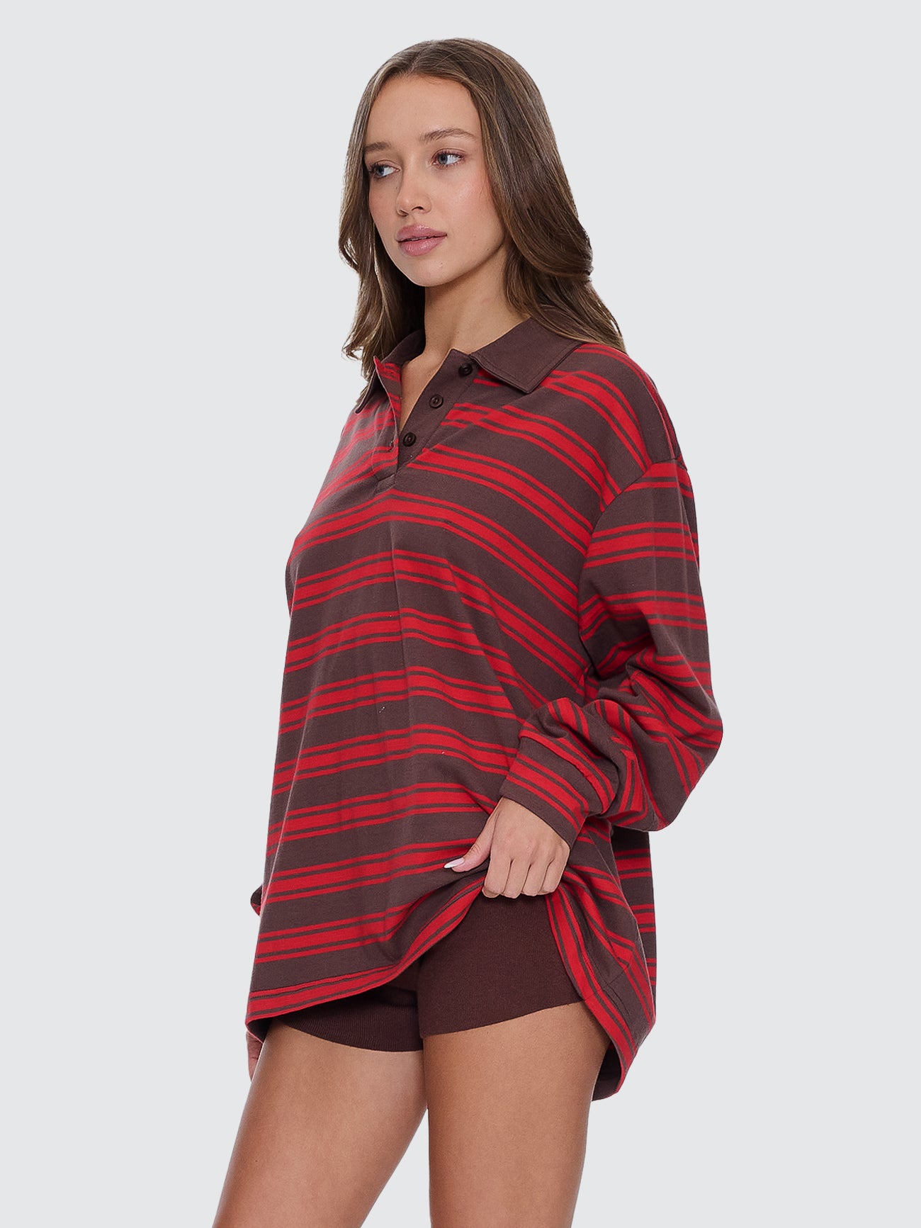 Thrills Co Conditions Apply Stripe Long Sleeve Polo - Bitter Chocolate in Bitter Chocolate