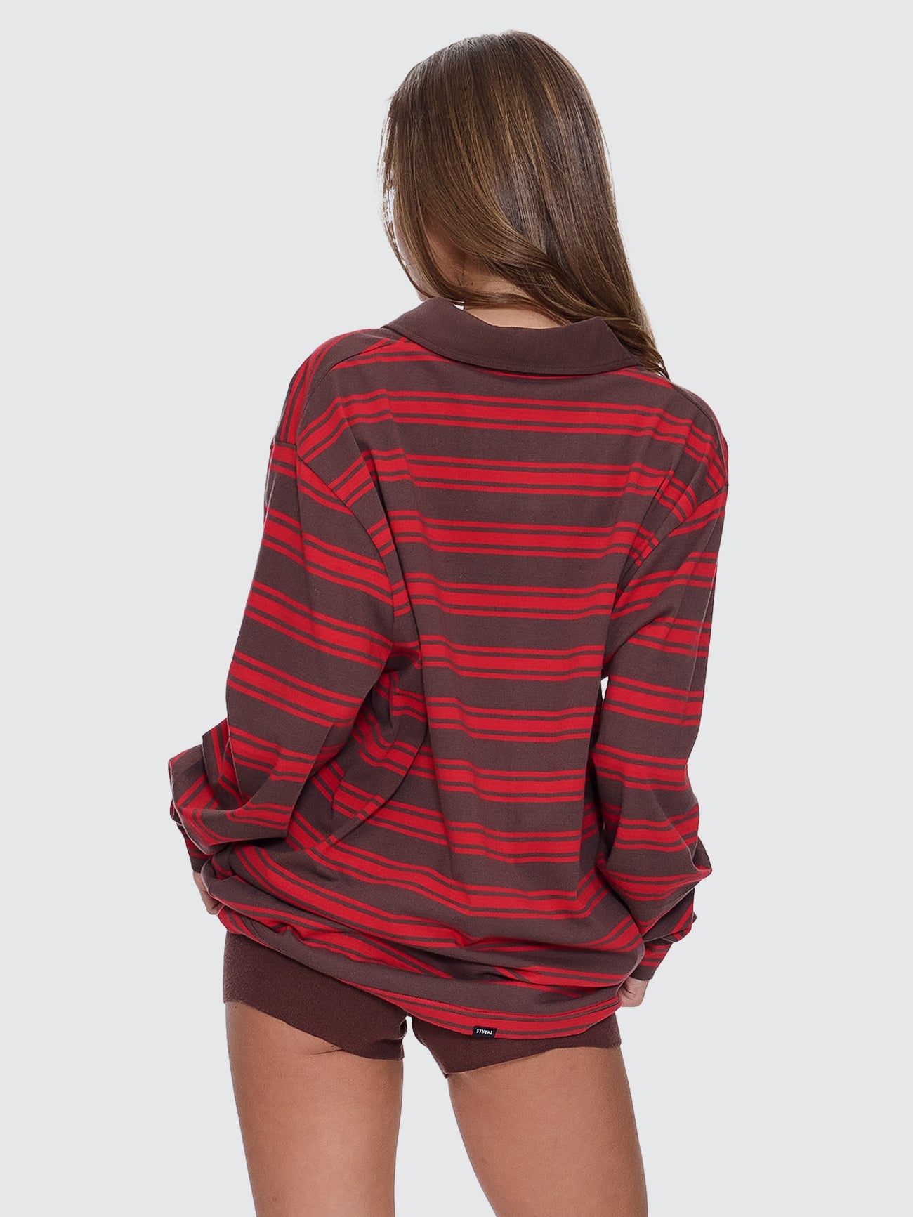 Thrills Co Conditions Apply Stripe Long Sleeve Polo - Bitter Chocolate in Bitter Chocolate