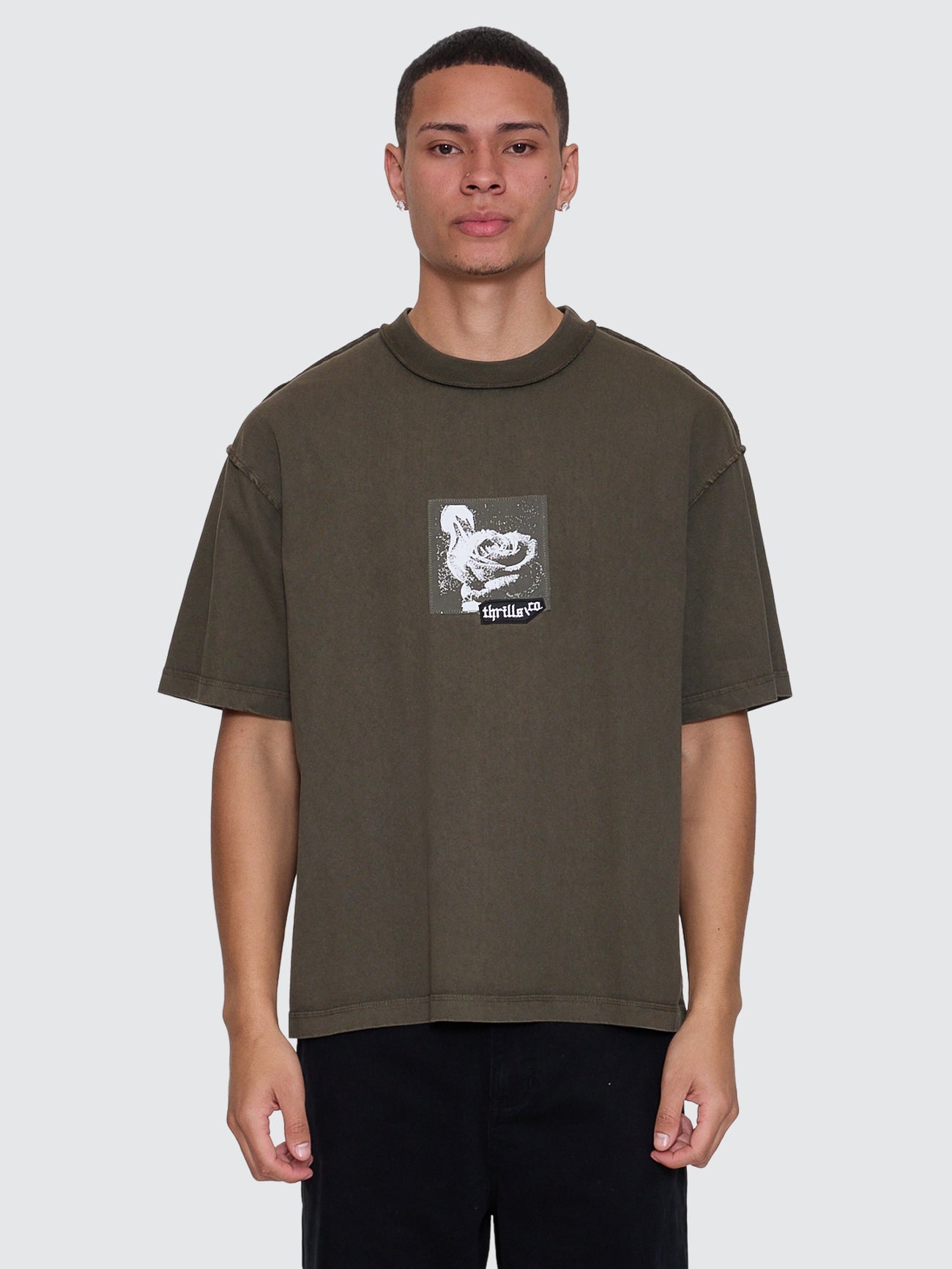 Thrills Co Rose Brigade Box Fit Oversize Cropped Tee - Olive Night in Olive Night