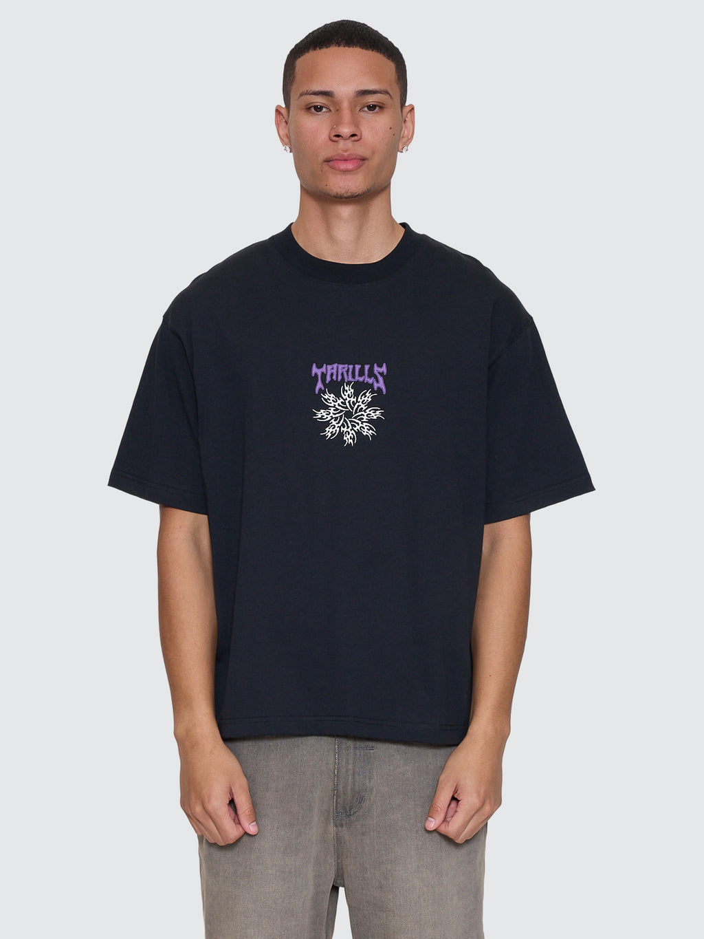 Thrills Co Stagger Box Fit Oversize Cropped Tee - Washed Black in Washed Black