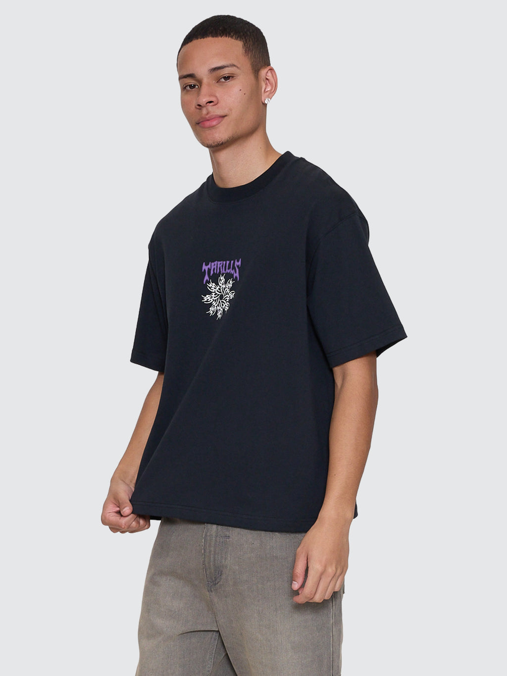 Thrills Co Stagger Box Fit Oversize Cropped Tee - Washed Black in Washed Black