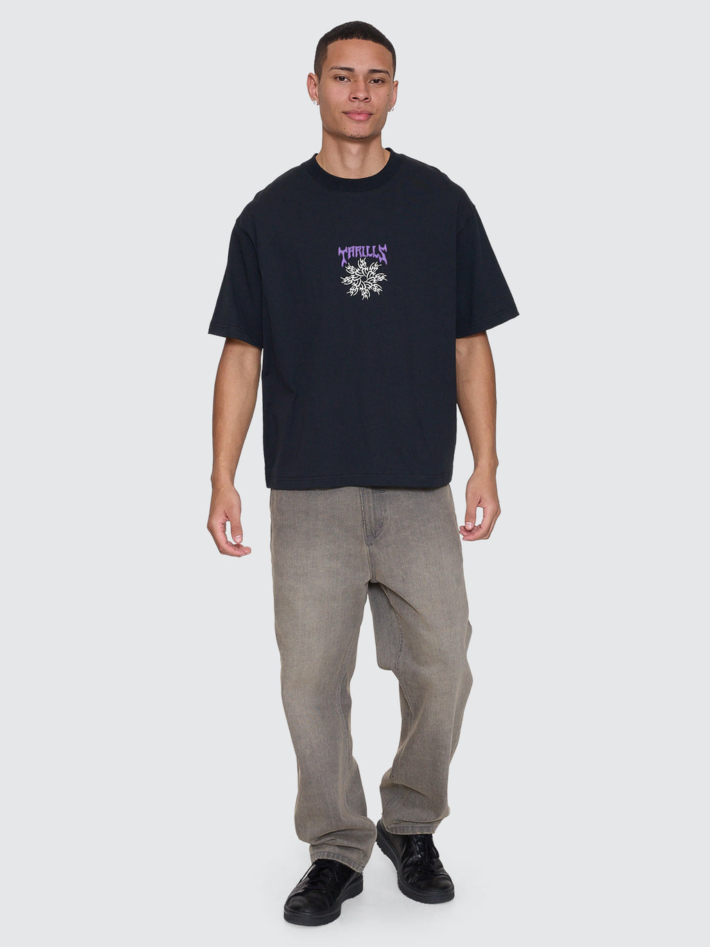 Thrills Co Stagger Box Fit Oversize Cropped Tee - Washed Black in Washed Black
